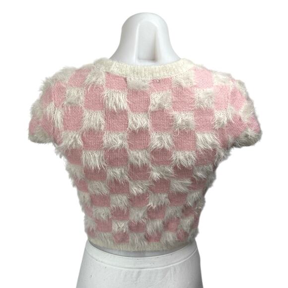 Forever 21 Pink White Checkered Plaid Faux Fur Short Sleeve Crop Sweater Top S - Picture 3 of 4